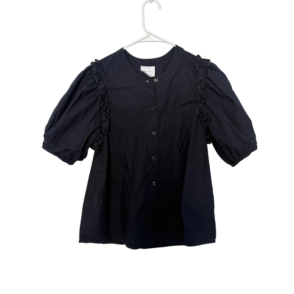 Sundays Black Ruffle Puff Sleeve Button Up Blouse Top Small Cottage‎ Retro